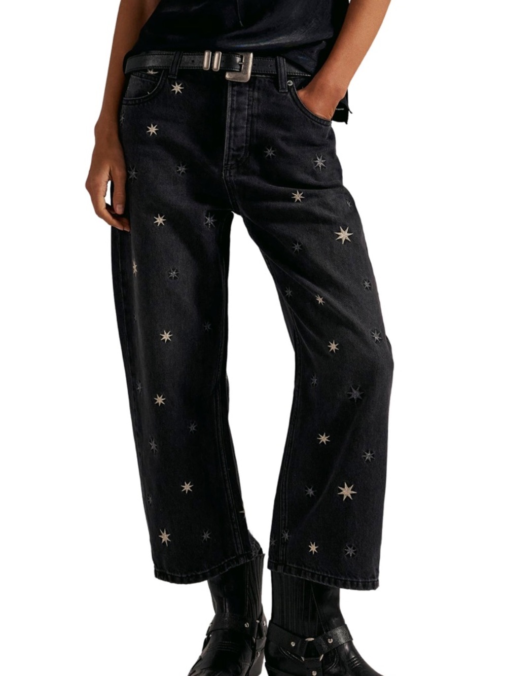 Free People Deep Trance Black Embroidered Star Straight-Leg Jeans